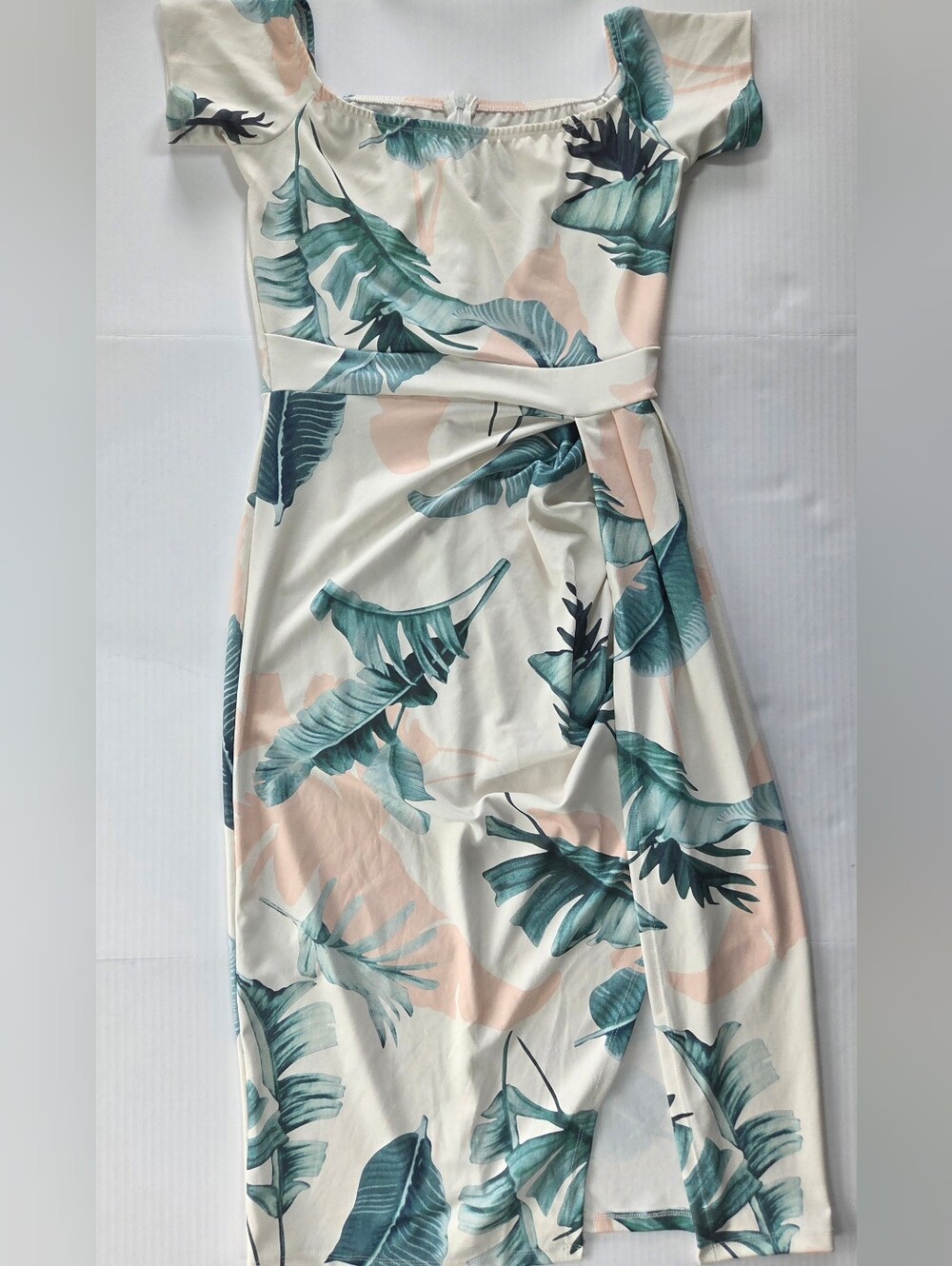 Off-Shoulder Tropical Leaf Print Midi Dress - White & Teal Romantic Stretch